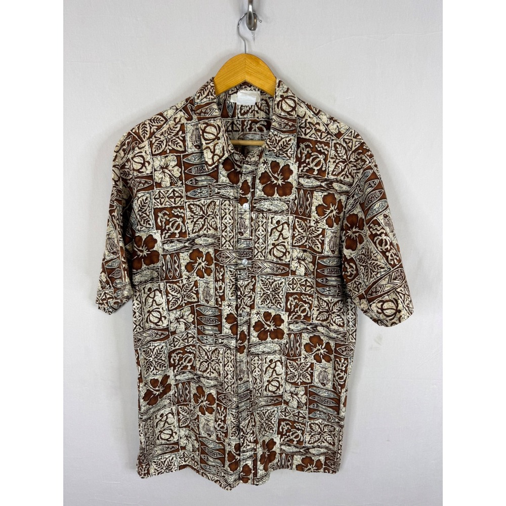 Malihini Hawaii Mens XL Vintage Aloha Shirt Brown Hibiscus Surfboard Cotton